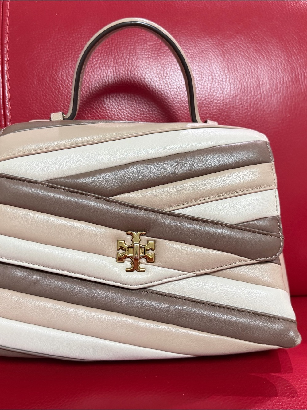 Tory Burch Quilted Chevron Top-Handle Bag in Cream, Beige and Brown